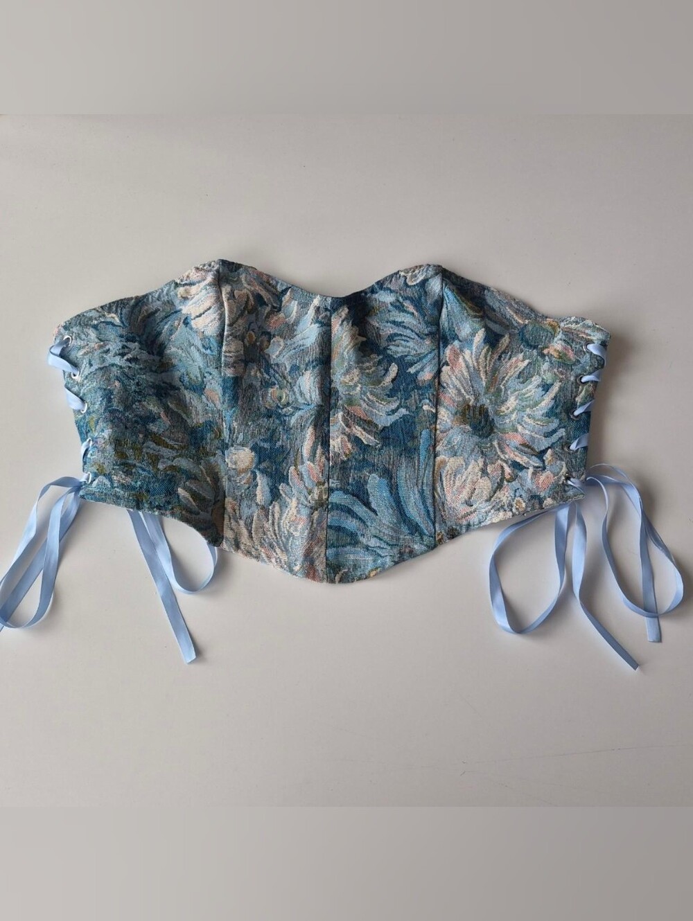 SHEIN Blue Floral Brocade Corset-Style Lace-Up Face Top